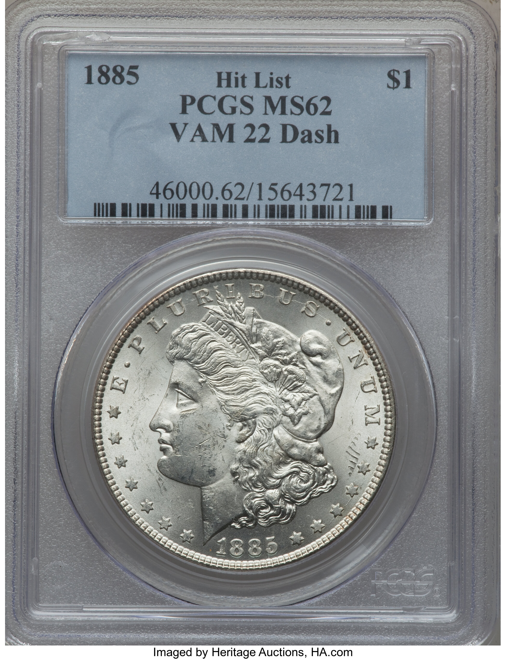 image for: 1885 $1 Vam-22, Dash MS62 PCGS. Hitlist. PCGS Population (37/36). NGC Census: (0/0).From The Parcfeld Collection....