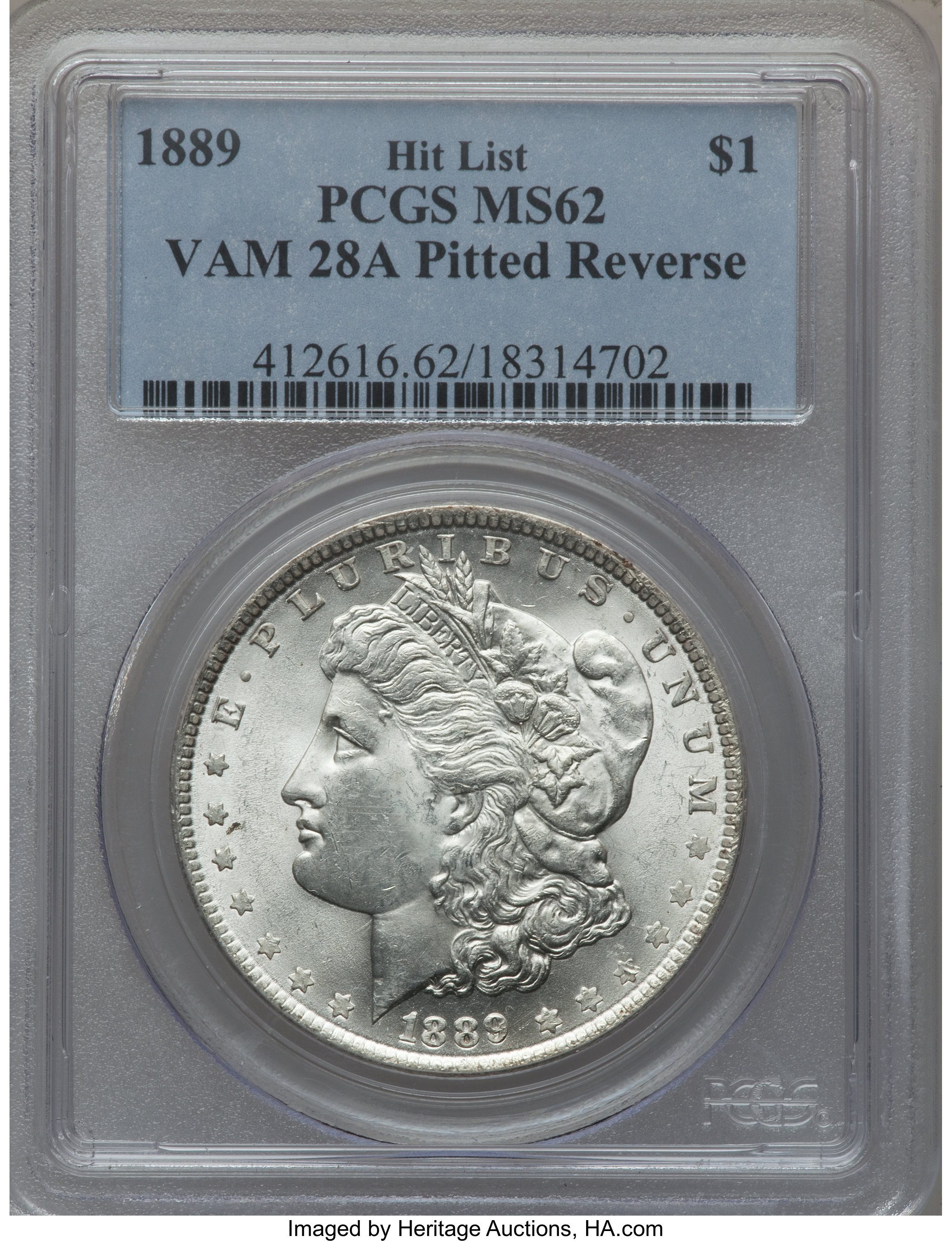image for: 1889 $1 Vam-28A, Pitted Reverse MS62 PCGS. Hitlist. PCGS Population (0/0). NGC Census: (0/0).From The Parcfeld Collecti...