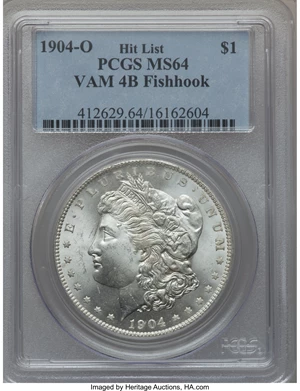 image for: 1904-O $1 Vam-4B, Fishhook MS64 PCGS. Hitlist. PCGS Population (0/0). NGC Census: (0/0).From The Parcfeld Collection....