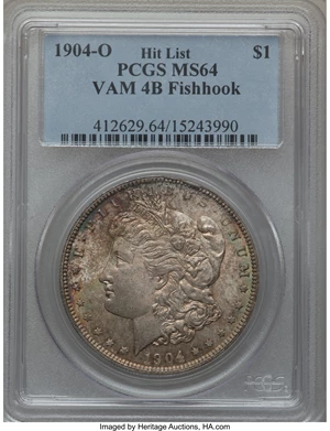 image for: 1904-O $1 Vam-4B, Fishhook MS64 PCGS. Hitlist. PCGS Population (0/0). NGC Census: (0/0).From The Parcfeld Collection....
