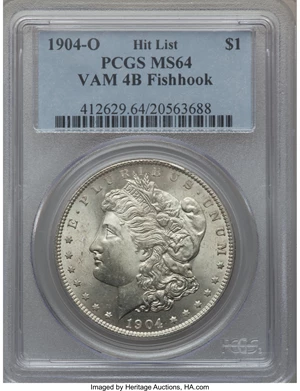 image for: 1904-O $1 Vam-4B, Fishhook MS64 PCGS. Hitlist. PCGS Population (0/0). NGC Census: (0/0).From The Parcfeld Collection....