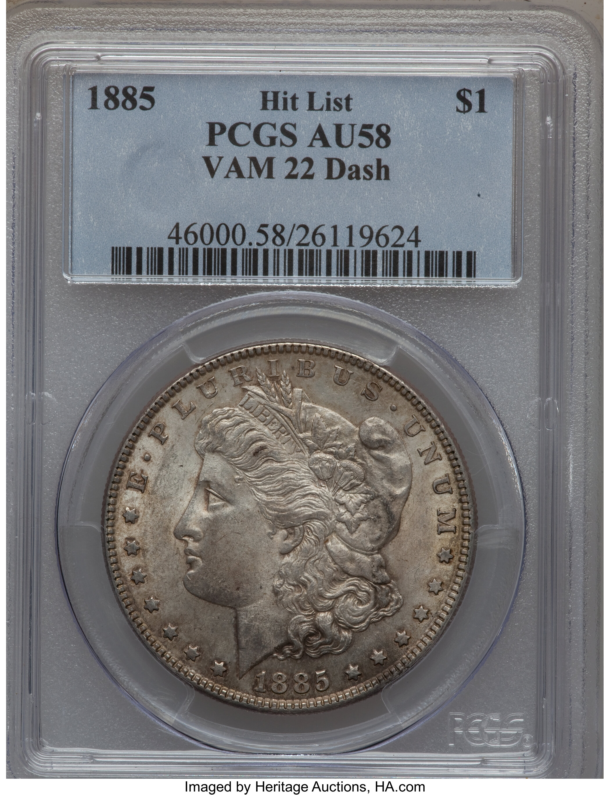 image for: 1885 $1  Dash AU58 PCGS. Vam 22 Hit List. PCGS Population (9/74). NGC Census: (0/0).   (#46000)...