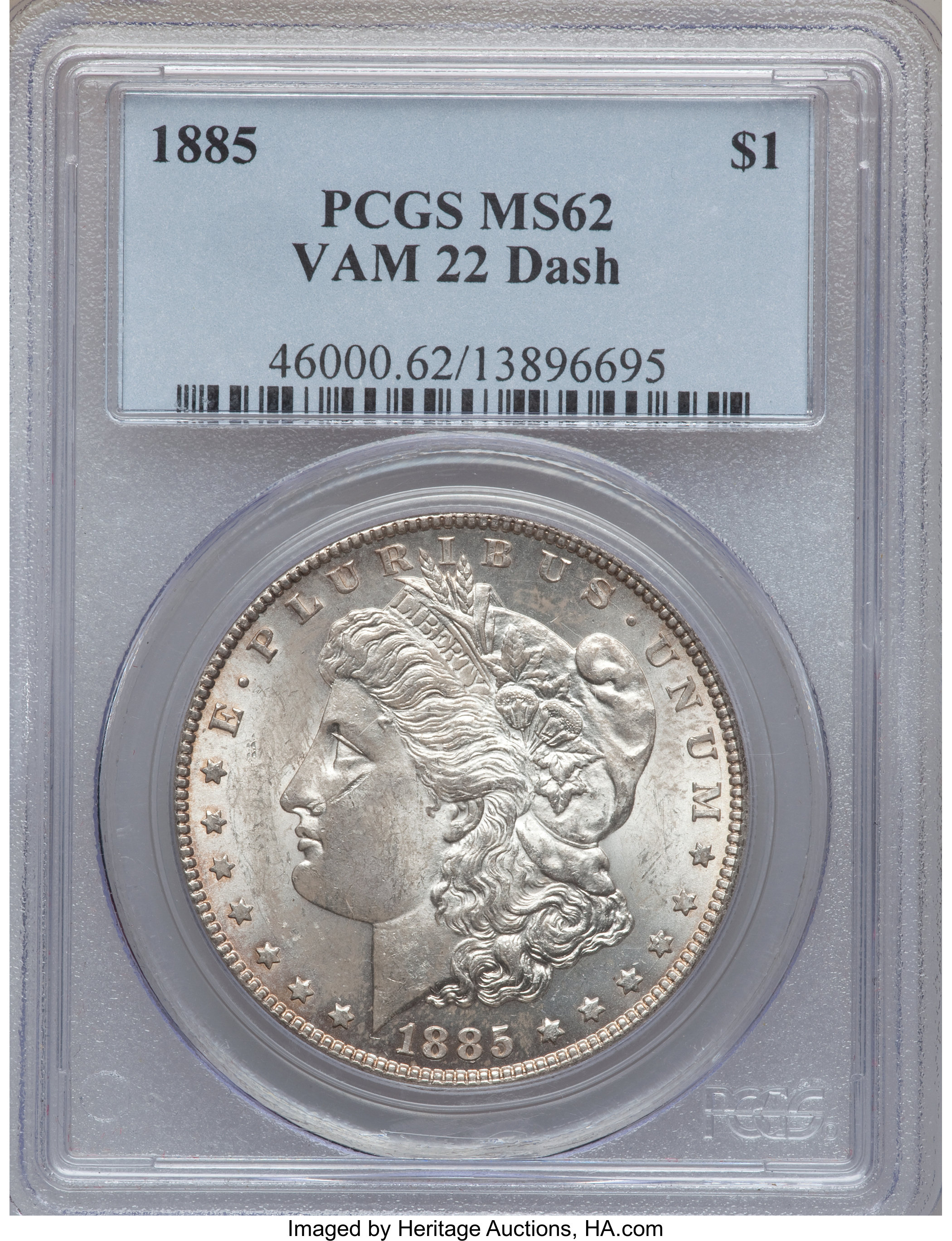 image for: 1885 $1  MS62 PCGS. Dash  VAM 22.  PCGS Population (37/36). NGC Census: (0/0)....