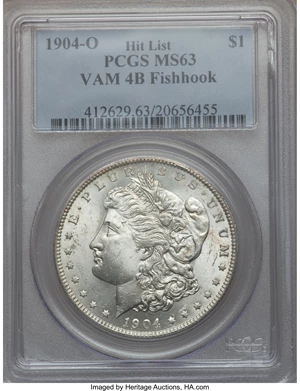 image for: 1904-O $1 Fishhook, VAM-4B MS63 PCGS. Vam-4B Fishhook Hit List. PCGS Population (16/53). NGC Census: (0/0). ...