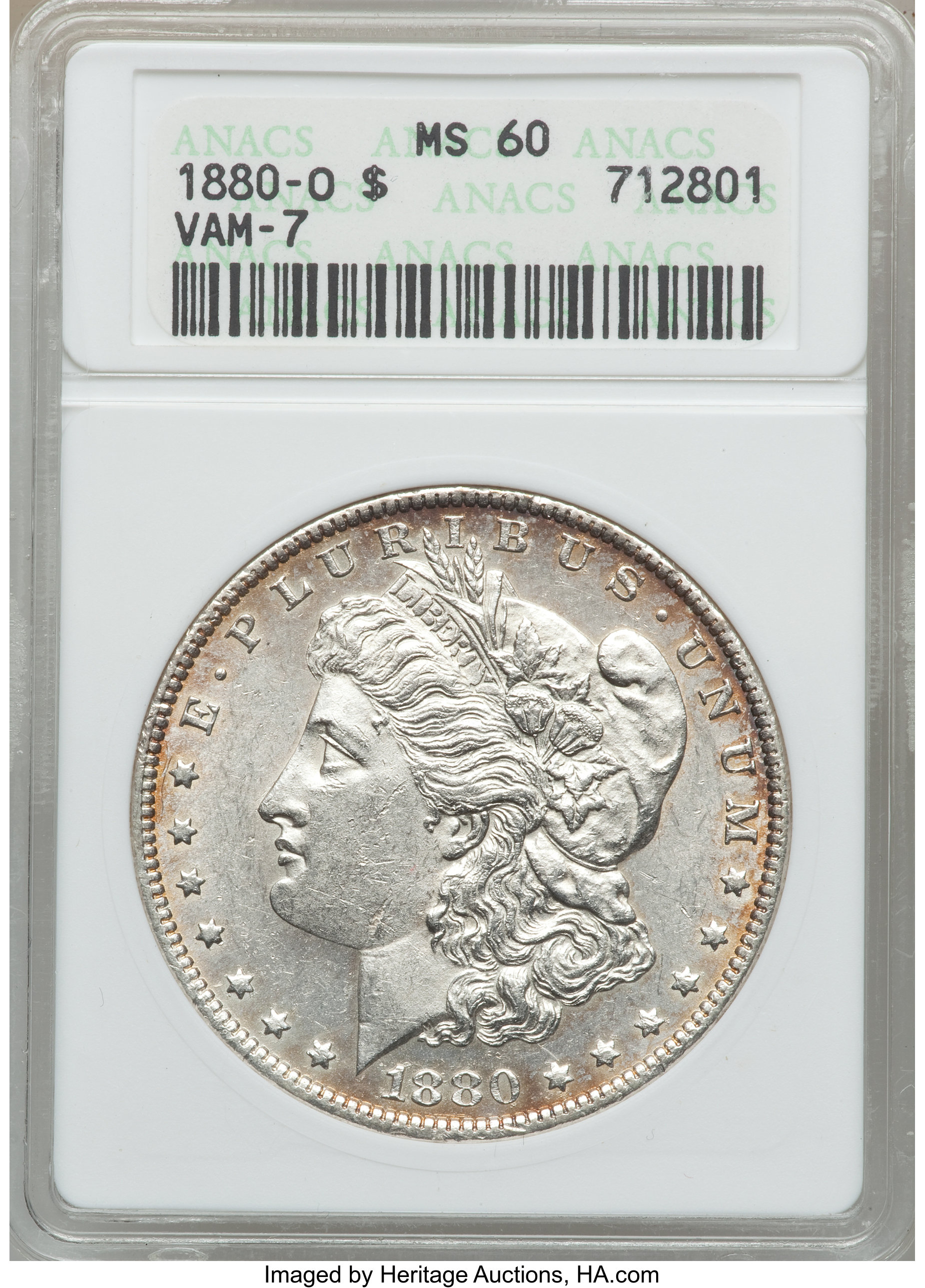 image for: 1880-O $1 MS60 ANACS.  VAM-7. NGC Census: (0/0). PCGS Population (1/28)....