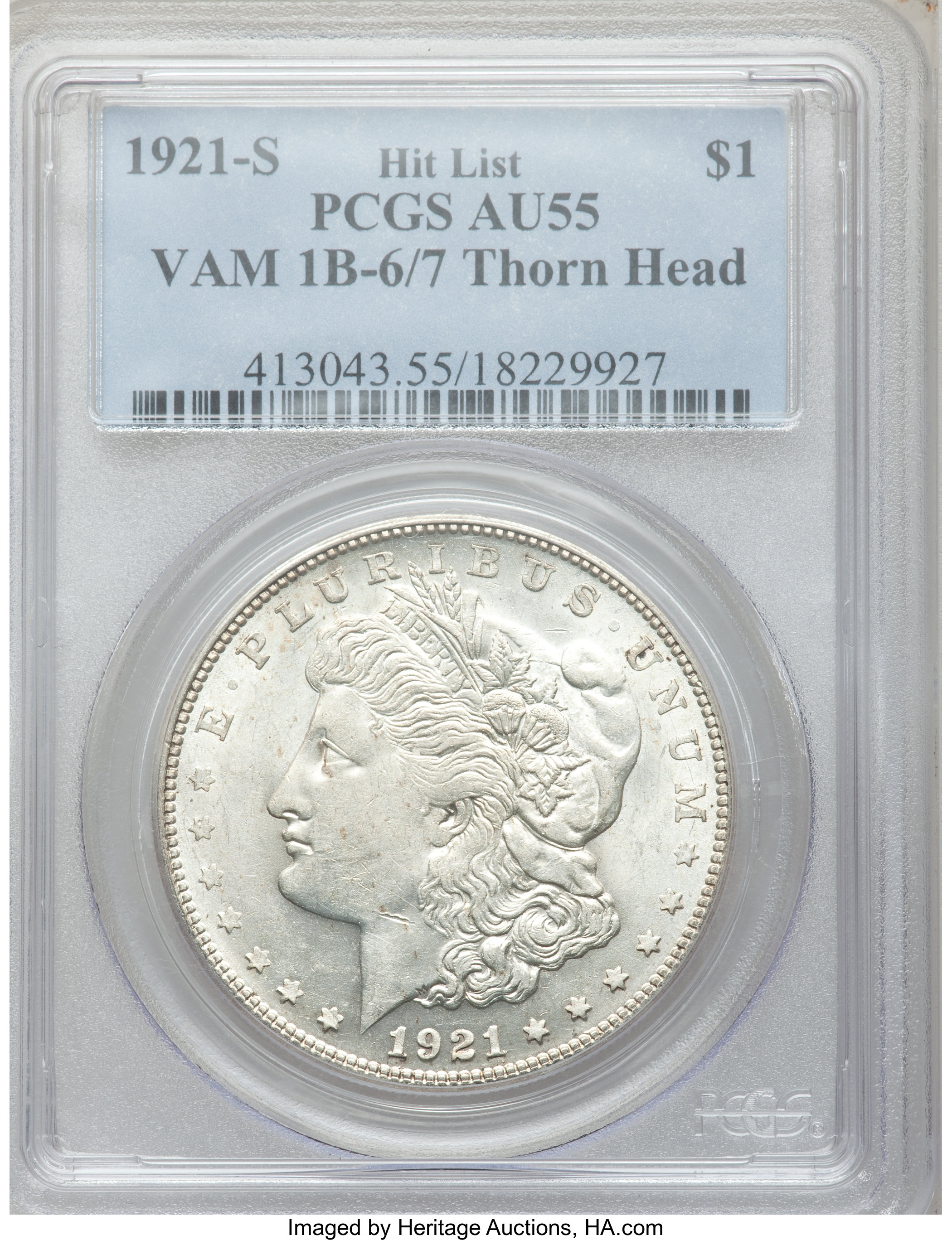 image for: 1921-S $1 Thorn Head AU55 PCGS. VAM-1B-6/7. Hit List. PCGS Population (10/27). NGC Census: (0/0)....