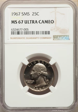 image for: 1967 25C SMS MS67 Ultra Cameo NGC. NGC Census: (24/7). PCGS Population: (16/5). CDN: $700 Whsle. Bid for NGC/PCGS MS67. ...