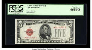 image for: Fr. 1531* $5 1928F Wide I Legal Tender Note. PCGS Gem New 66PPQ.