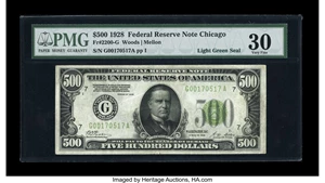 image for: Fr. 2200-G $500 1928 Light Green Seal Federal Reserve Note. PMG Very Fine 30....