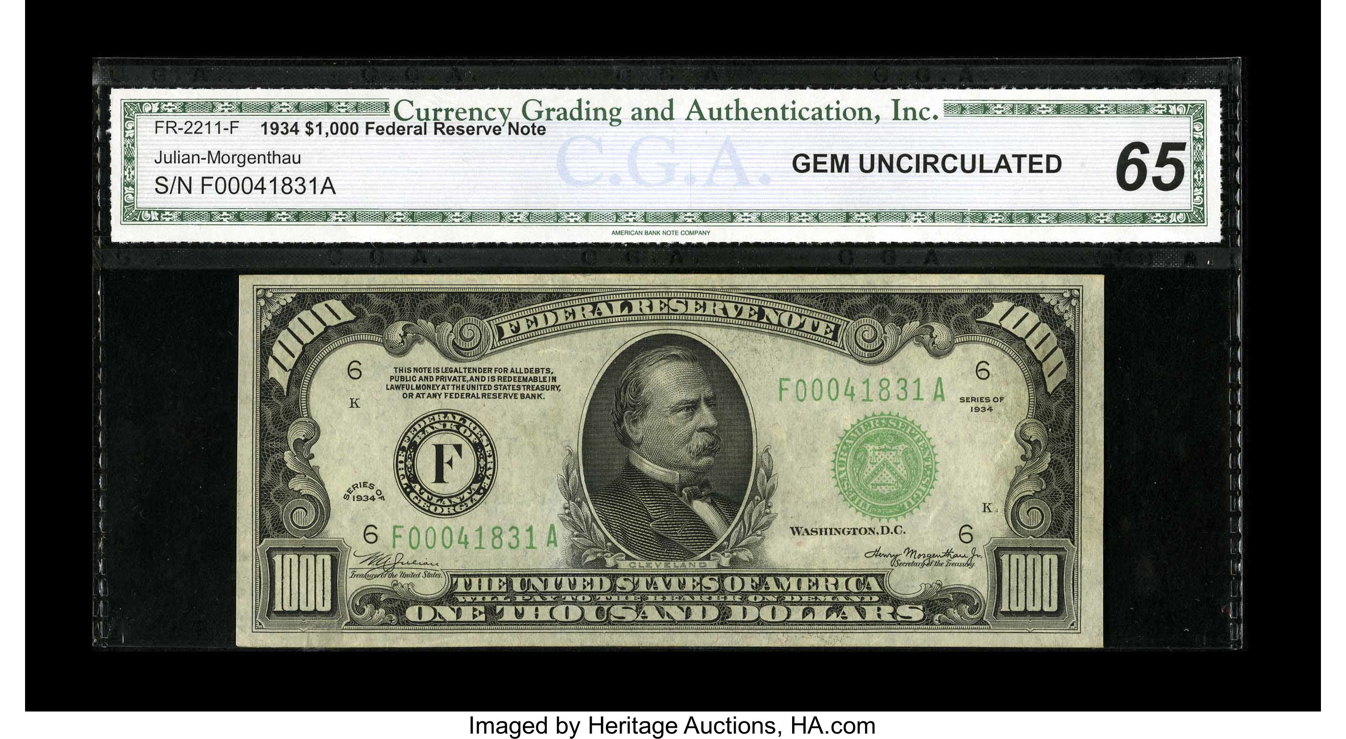 image for: Fr. 2211-F $1000 1934 Federal Reserve Note. CGA Gem Uncirculated 65....