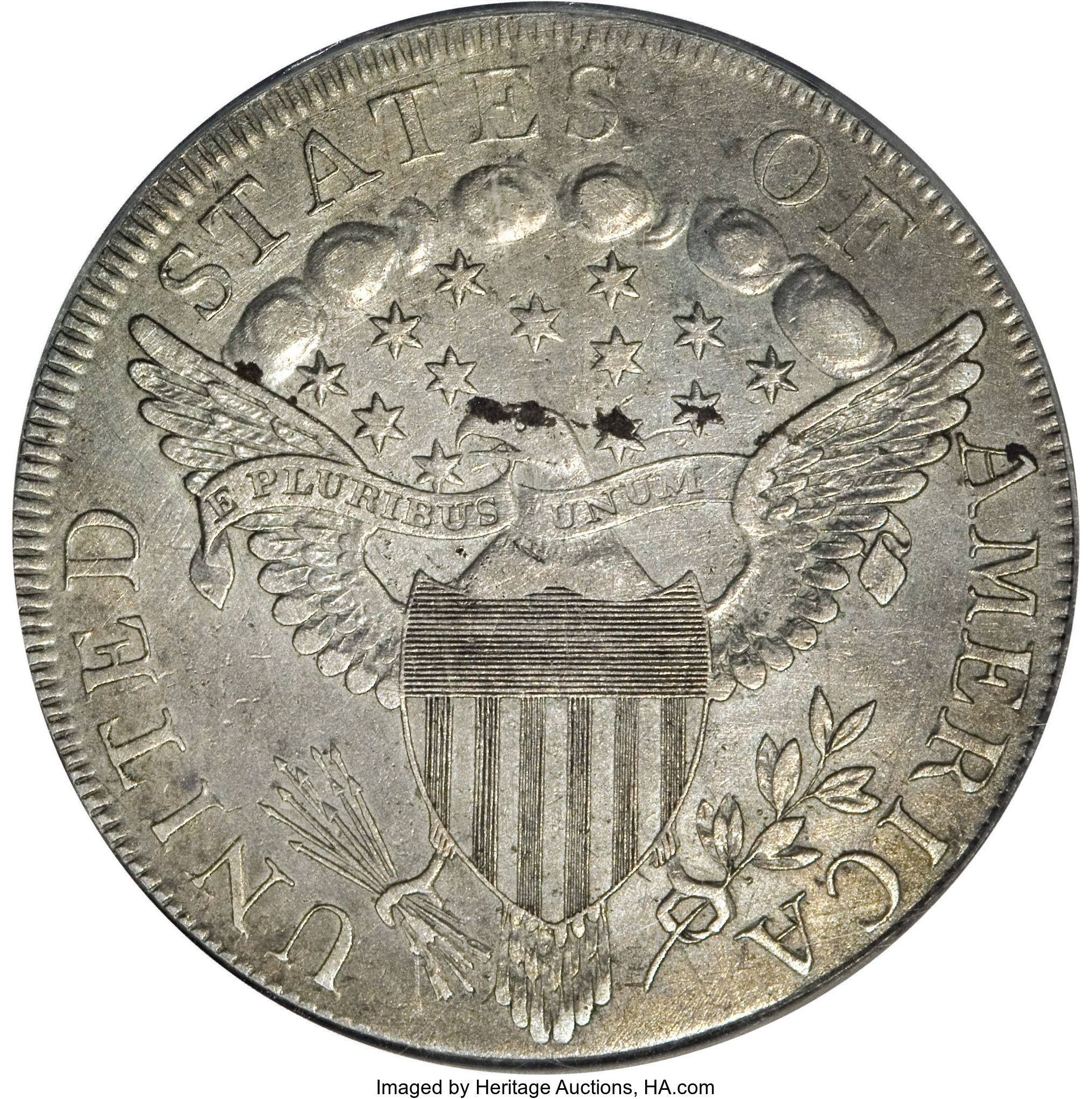 image for: 1798 $1 Five Stripes--Obverse  Scratched, Improperly Cleaned--NCS. XF Details....