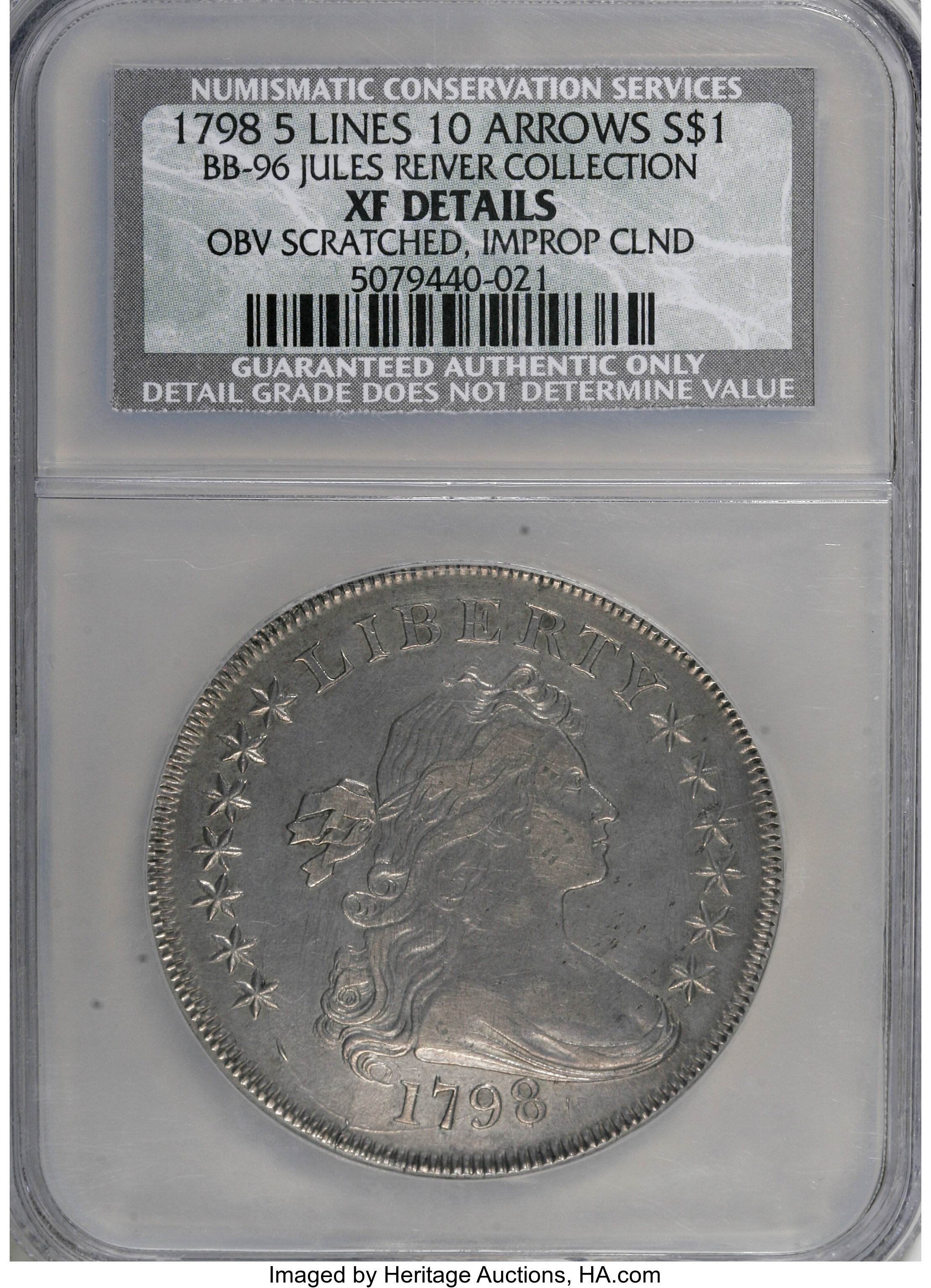 image for: 1798 $1 Five Stripes--Obverse  Scratched, Improperly Cleaned--NCS. XF Details....