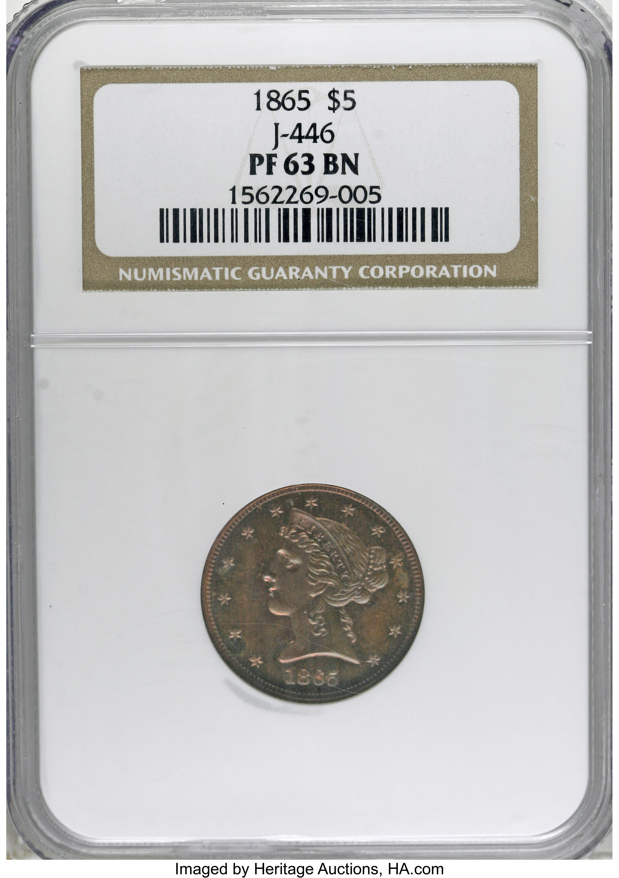 image for: 1865 $5 Five Dollar, Judd-446, Pollock-518, High R.6, PR63 Brown NGC....