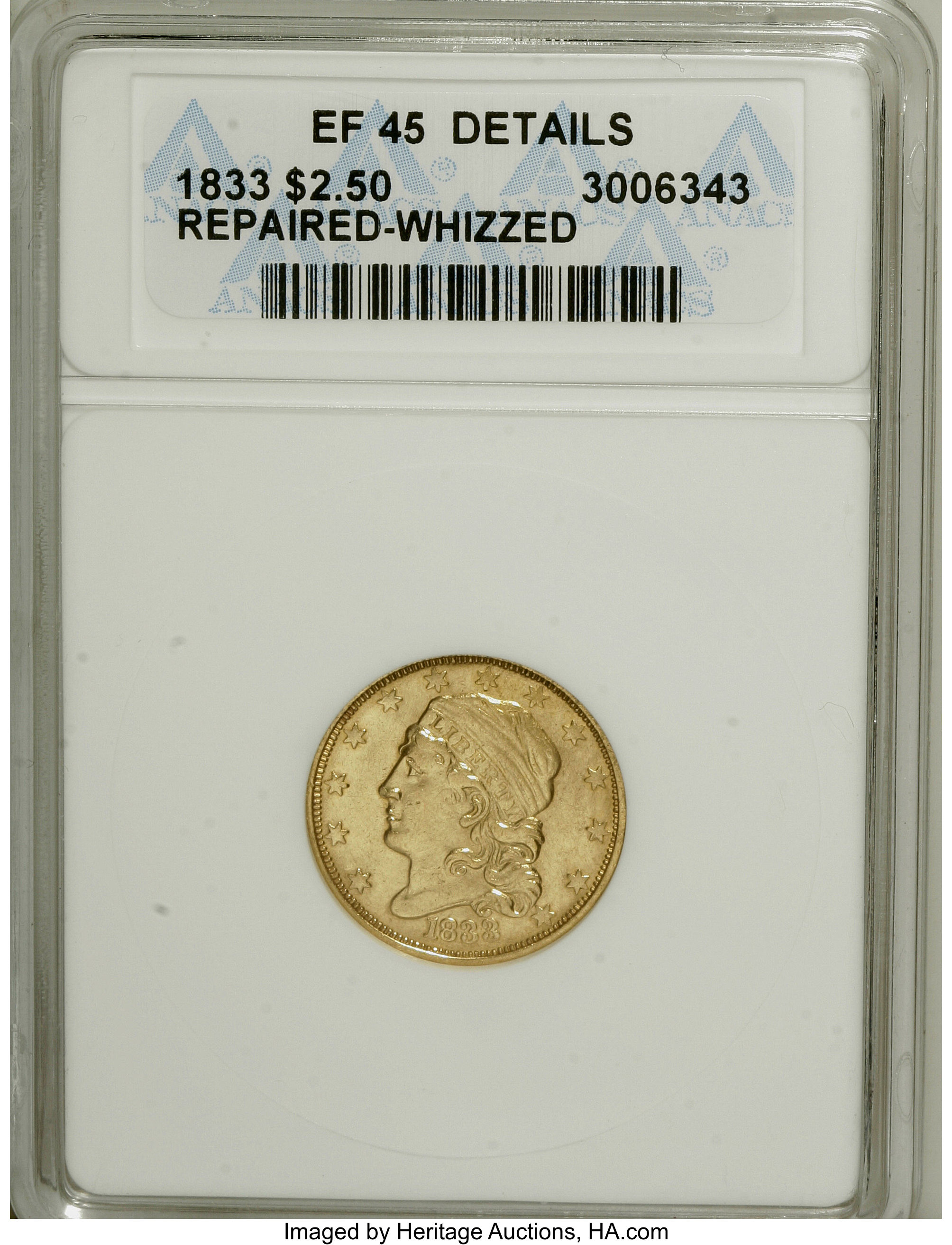 image for: 1833 $2 1/2 --Repaired, Whizzed--ANACS. XF45 Details....