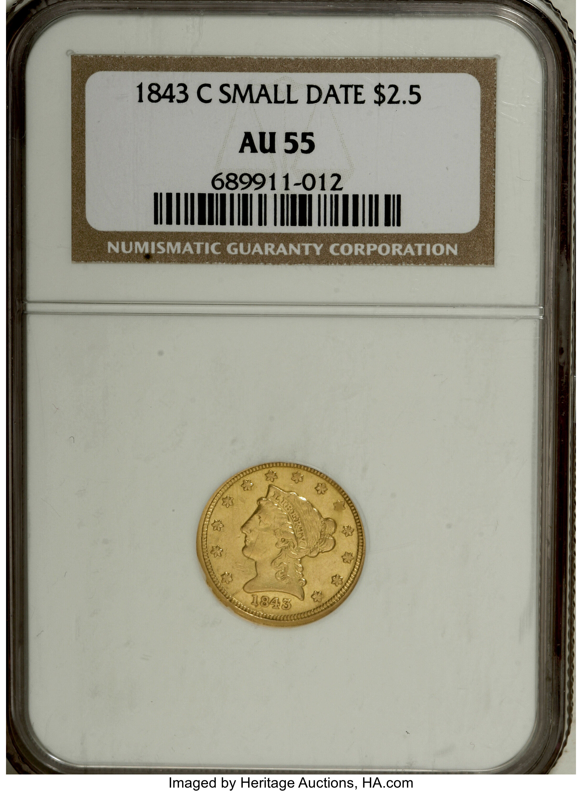 image for: 1843-C $2 1/2 Small Date, Crosslet 4 AU55 NGC....
