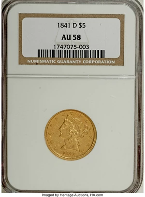 image for: 1841-D $5 Tall D AU58 NGC....