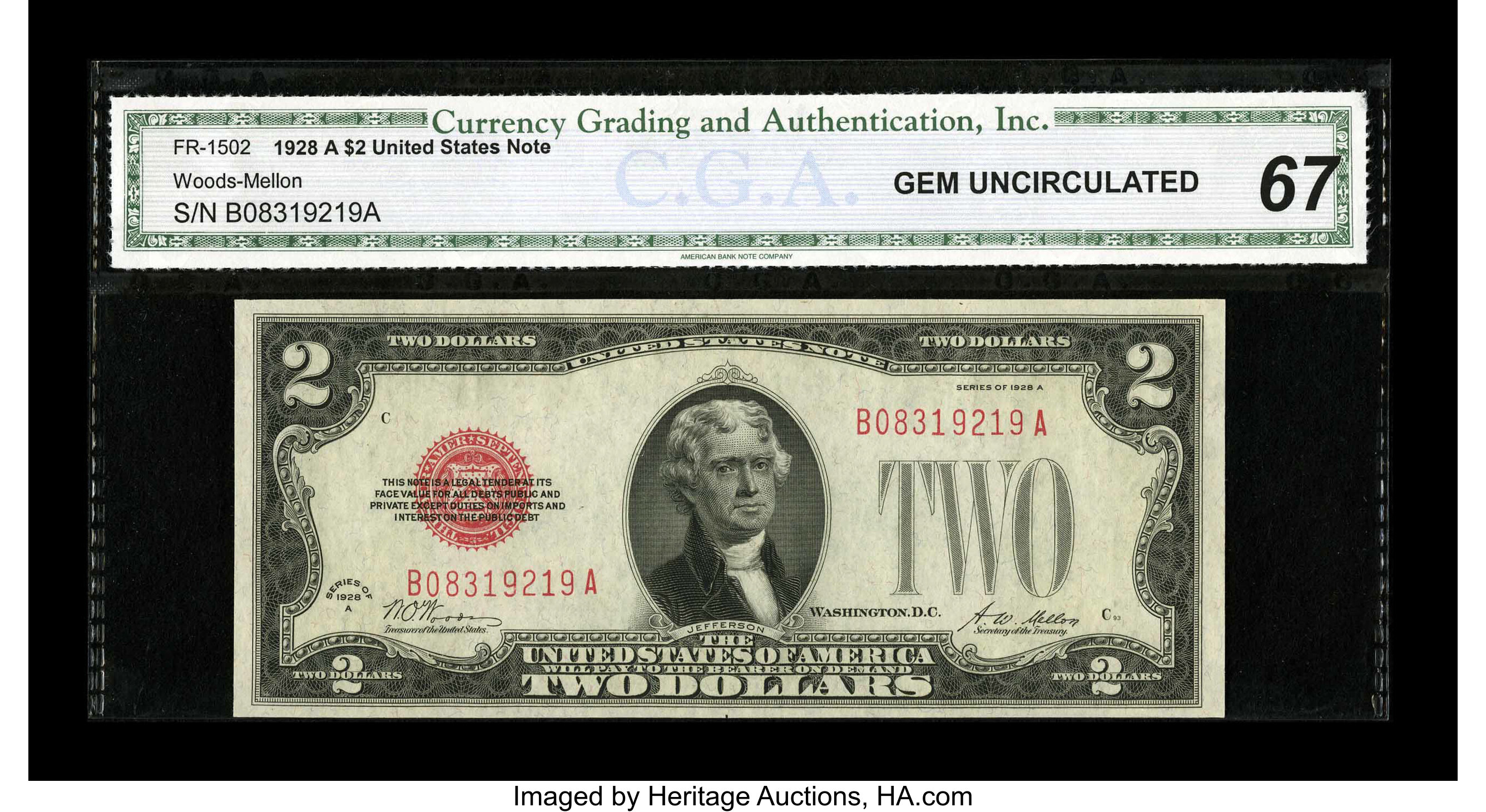 image for: Fr. 1502 $2 1928A Legal Tender Note. CGA Gem Uncirculated 67....