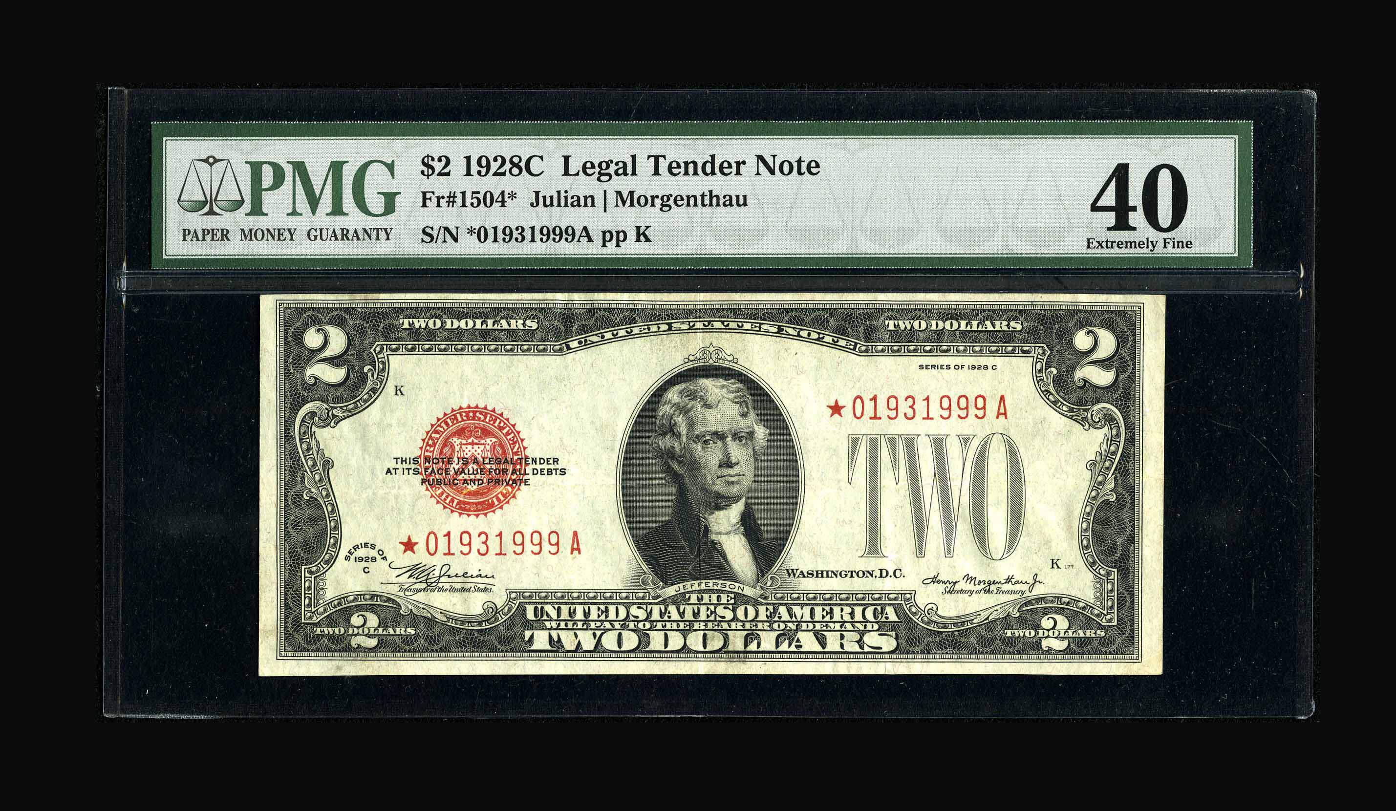 image for: Fr. 1504* $2 1928C Legal Tender Note. PMG Extremely Fine 40....