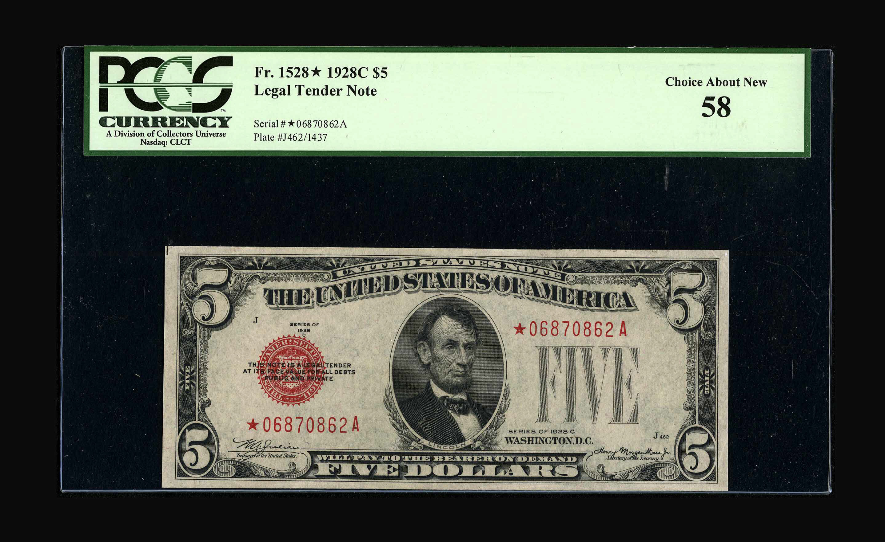 image for: Fr. 1528* $5 1928C Legal Tender Note. PCGS Choice About New 58.