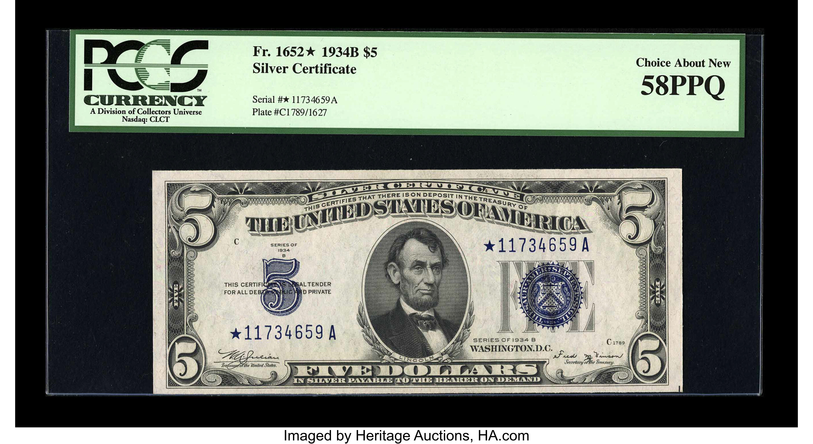 image for: Fr. 1652* $5 1934B Silver Certificate. PCGS Choice About New 58PPQ....