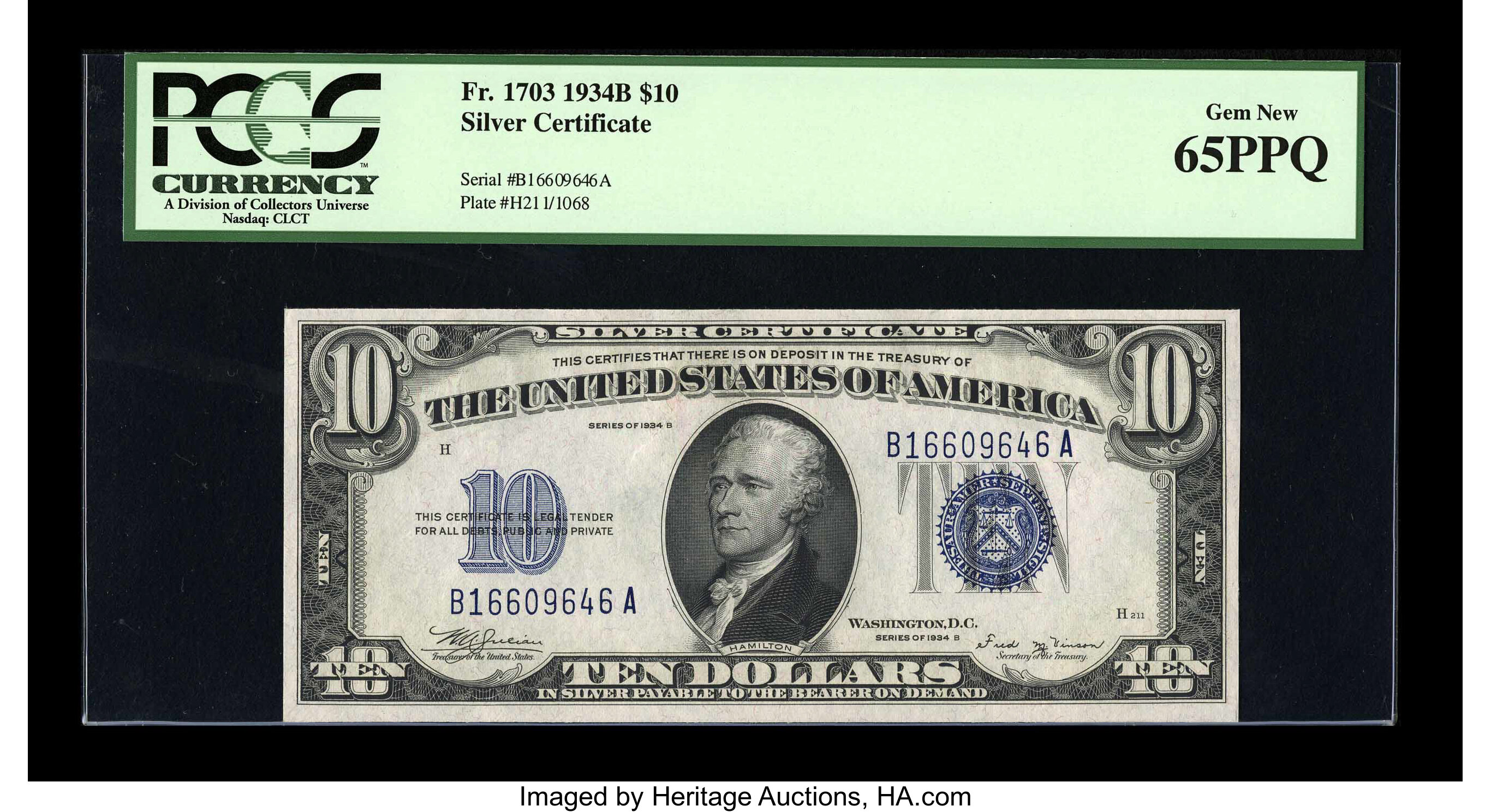 image for: Fr. 1703 $10 1934B Silver Certificate. PCGS Gem New 65PPQ....