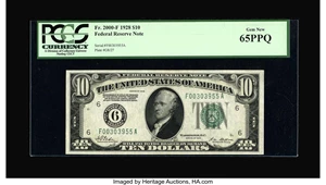 image for: Fr. 2000-F $10 1928 Federal Reserve Note. PCGS Gem New 65PPQ....