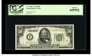image for: Fr. 2100-A $50 1928 Federal Reserve Note. PCGS Gem New 65PPQ....