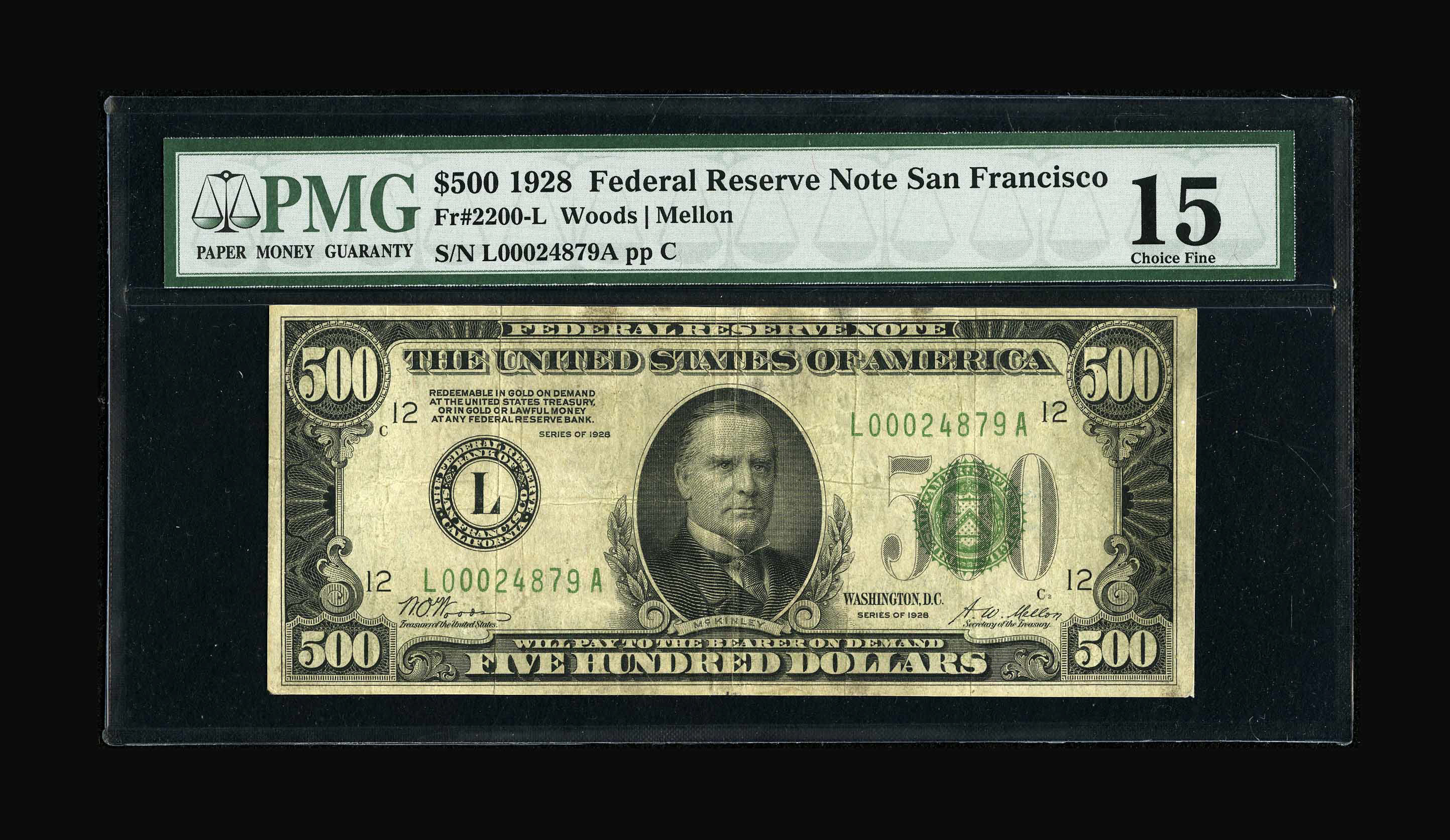 image for: Fr. 2200-L $500 1928 Federal Reserve Note. PMG Choice Fine 15....