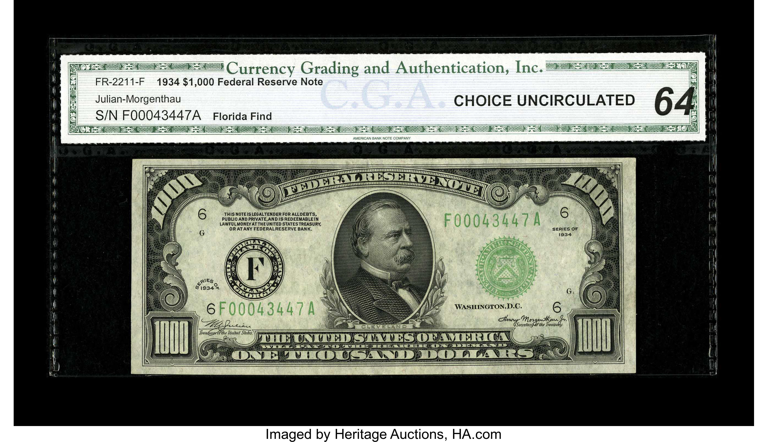 image for: Fr. 2211-F $1000 1934 Federal Reserve Note. CGA Choice Uncirculated 64....