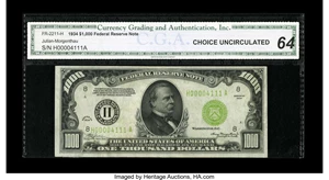 image for: Fr. 2211-H $1000 1934 Light Green Seal Federal Reserve Note. CGA Choice Uncirculated 64....