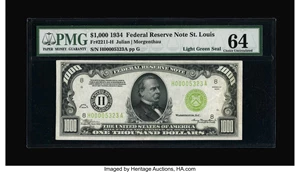 image for: Fr. 2211-H $1000 1934 Light Green Seal Federal Reserve Note. PMG Choice Uncirculated 64....