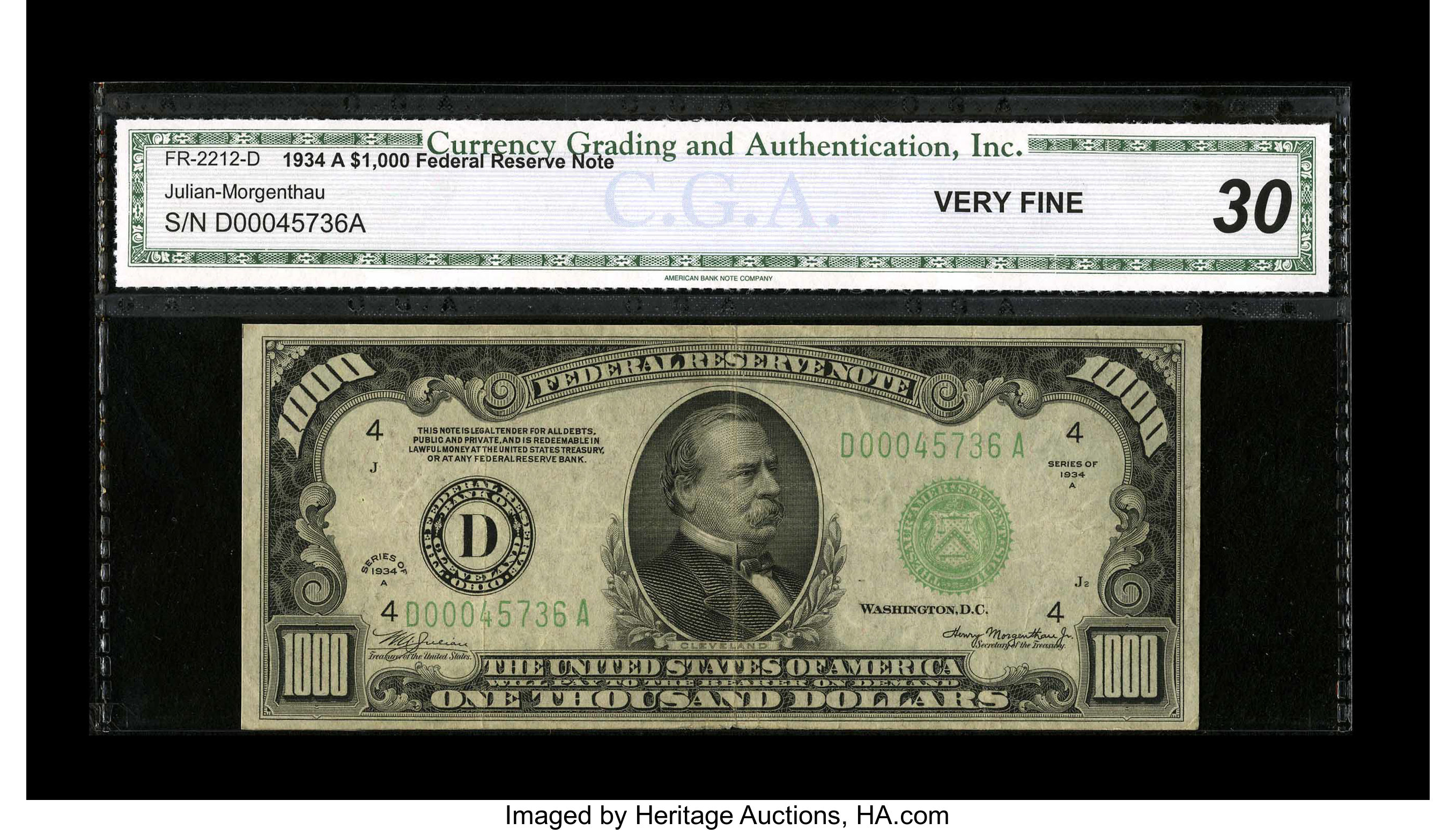 image for: Fr. 2212-D $1000 1934A Federal Reserve Note. CGA Very Fine 30....