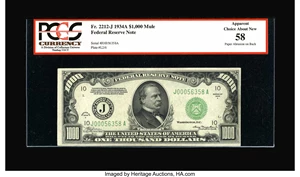 image for: Fr. 2212-J $1000 1934A Federal Reserve Note. PCGS Apparent Choice About New 58....