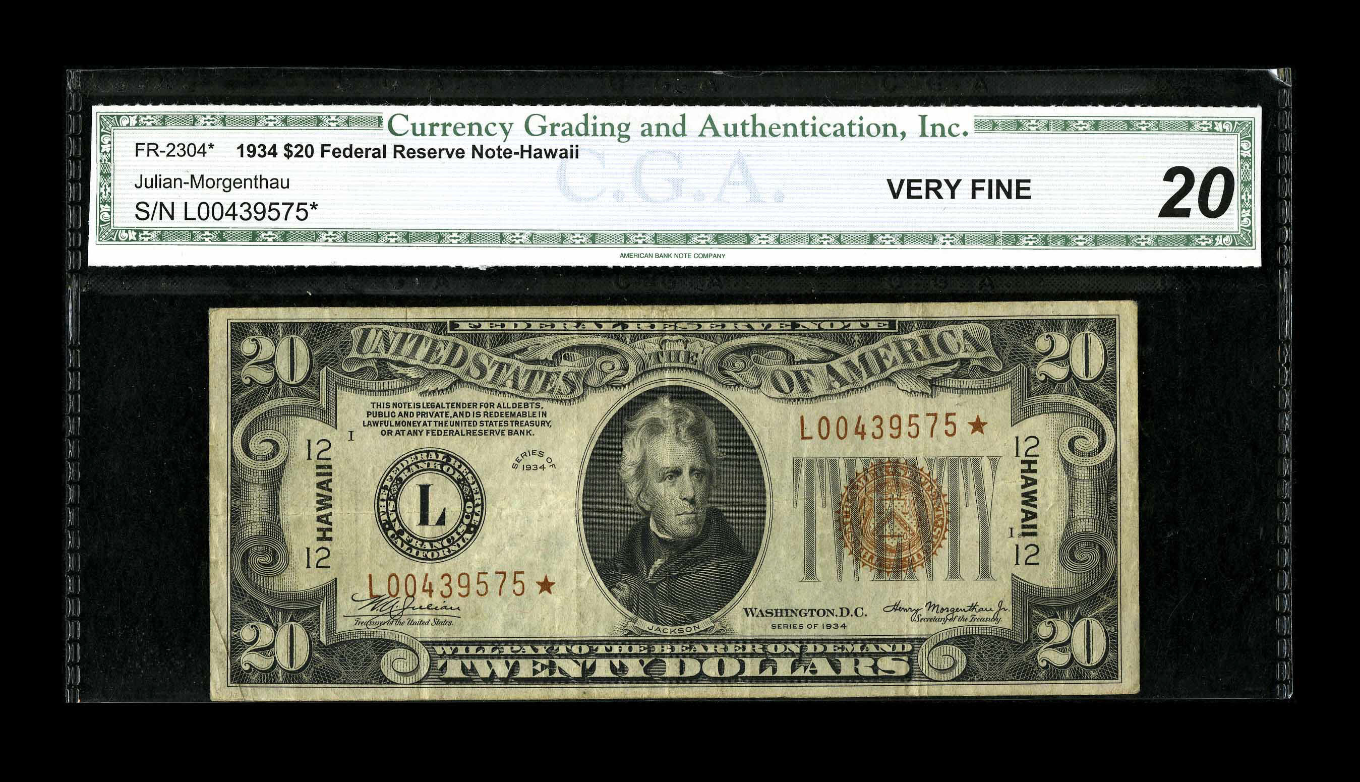 image for: Fr. 2304* $20 1934 Hawaii Federal Reserve Note. CGA Very Fine 20....