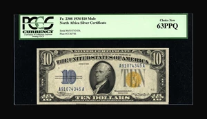 image for: Fr. 2308 $10 1934 North Africa Silver Certificate. PCGS Choice New 63PPQ....