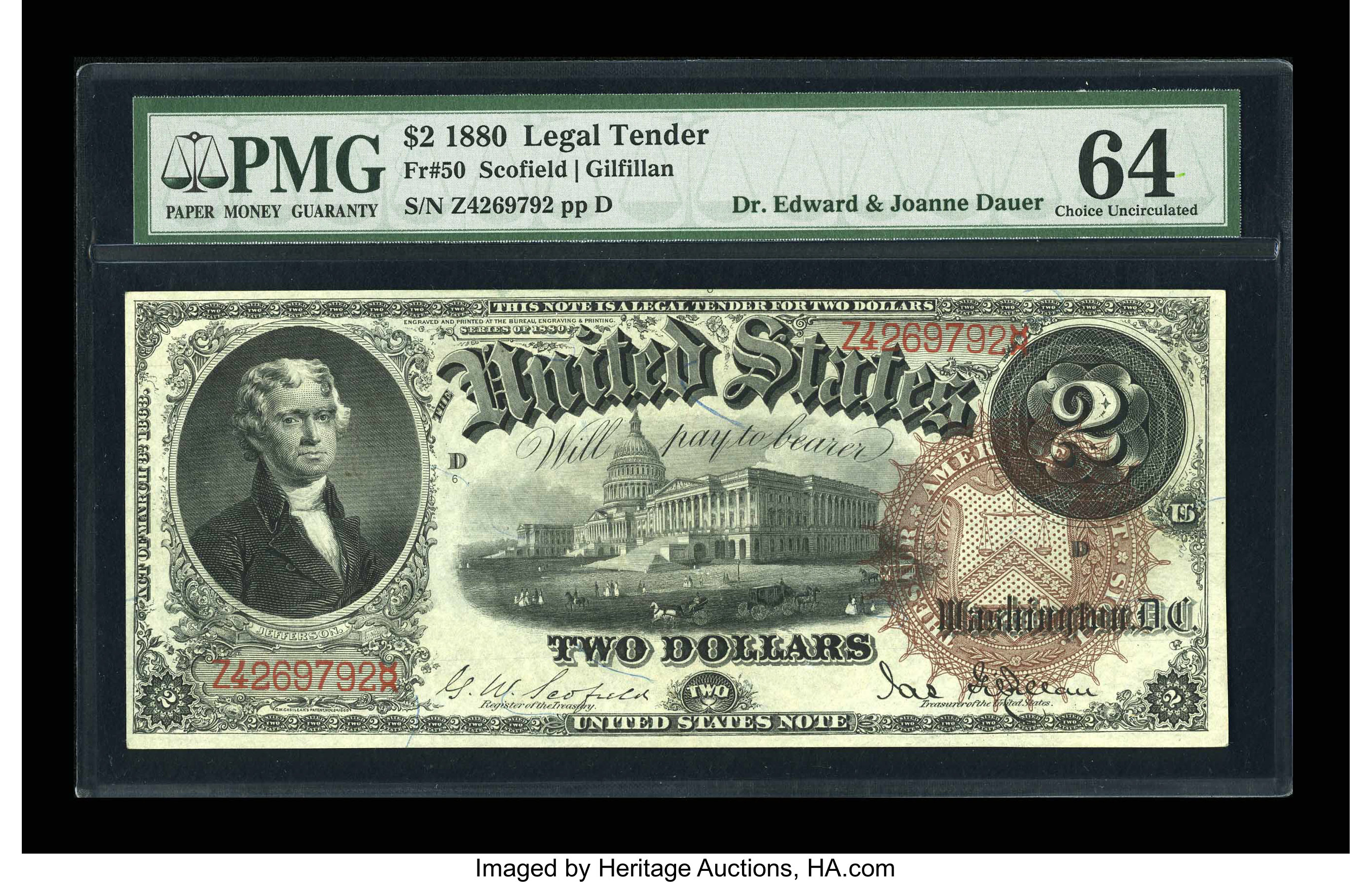image for: Fr. 50 $2 1880 Legal Tender PMG Choice Uncirculated 64.
