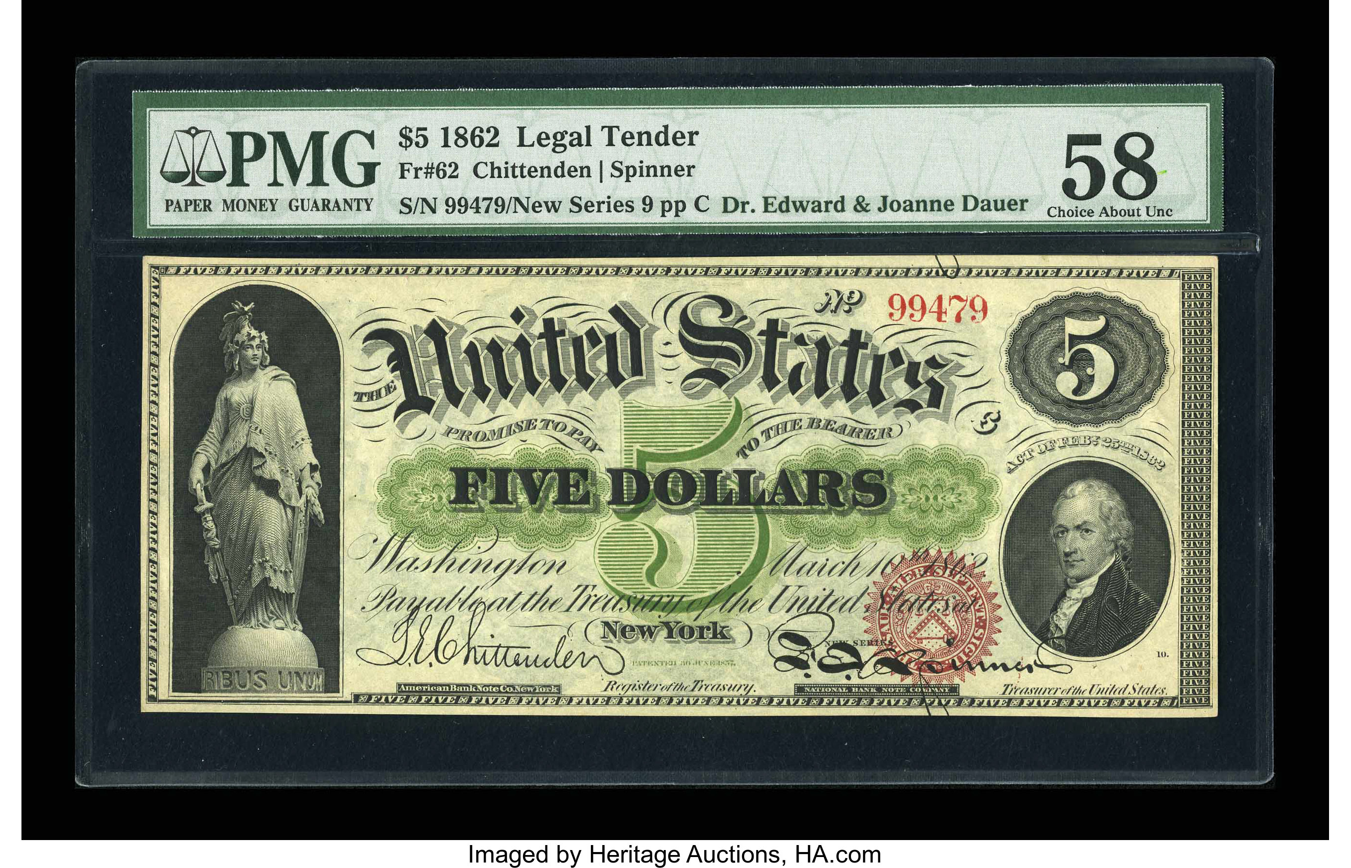 image for: Fr. 62 $5 1862 Legal Tender PMG Choice About Unc 58....