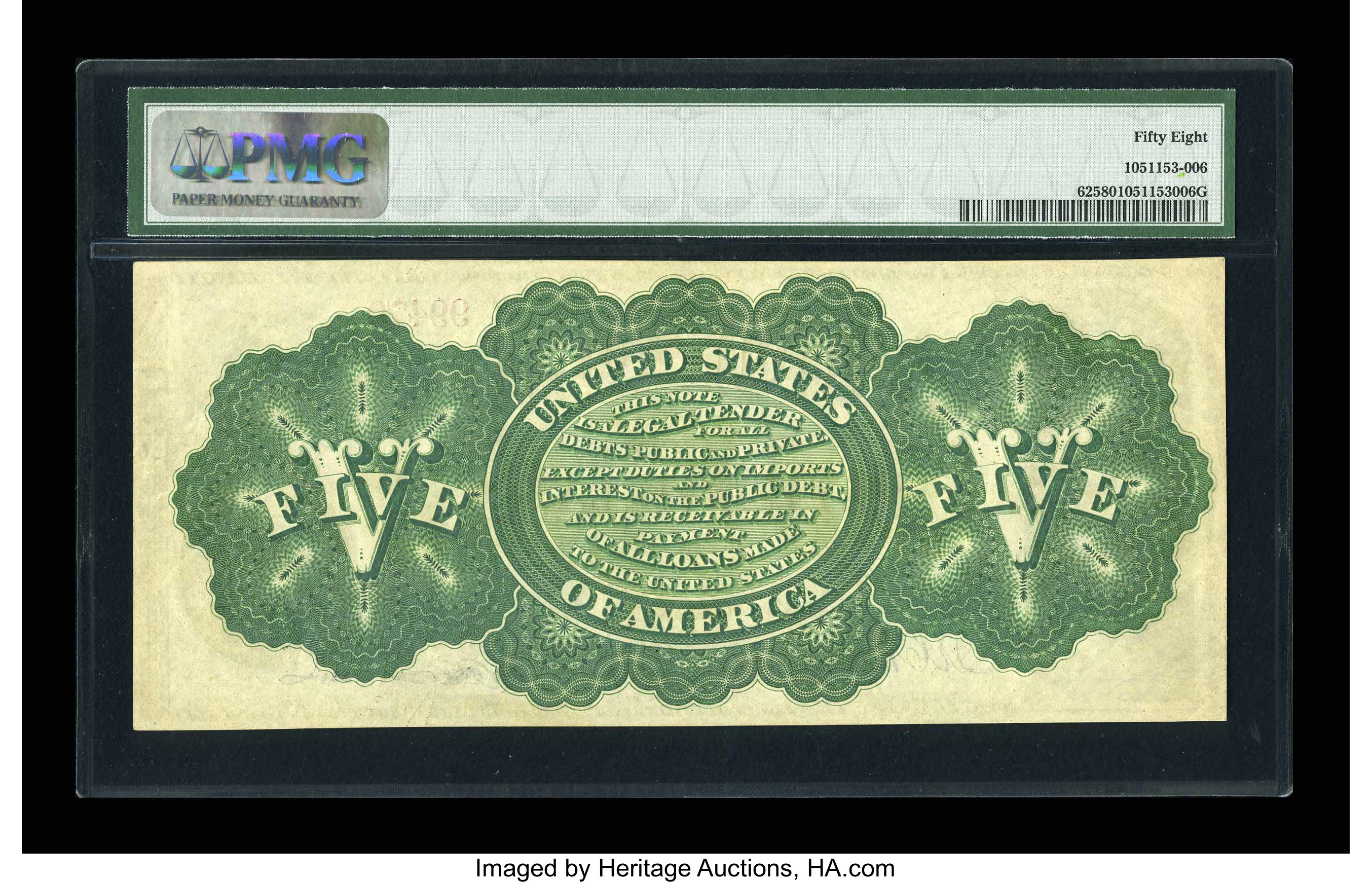 image for: Fr. 62 $5 1862 Legal Tender PMG Choice About Unc 58....