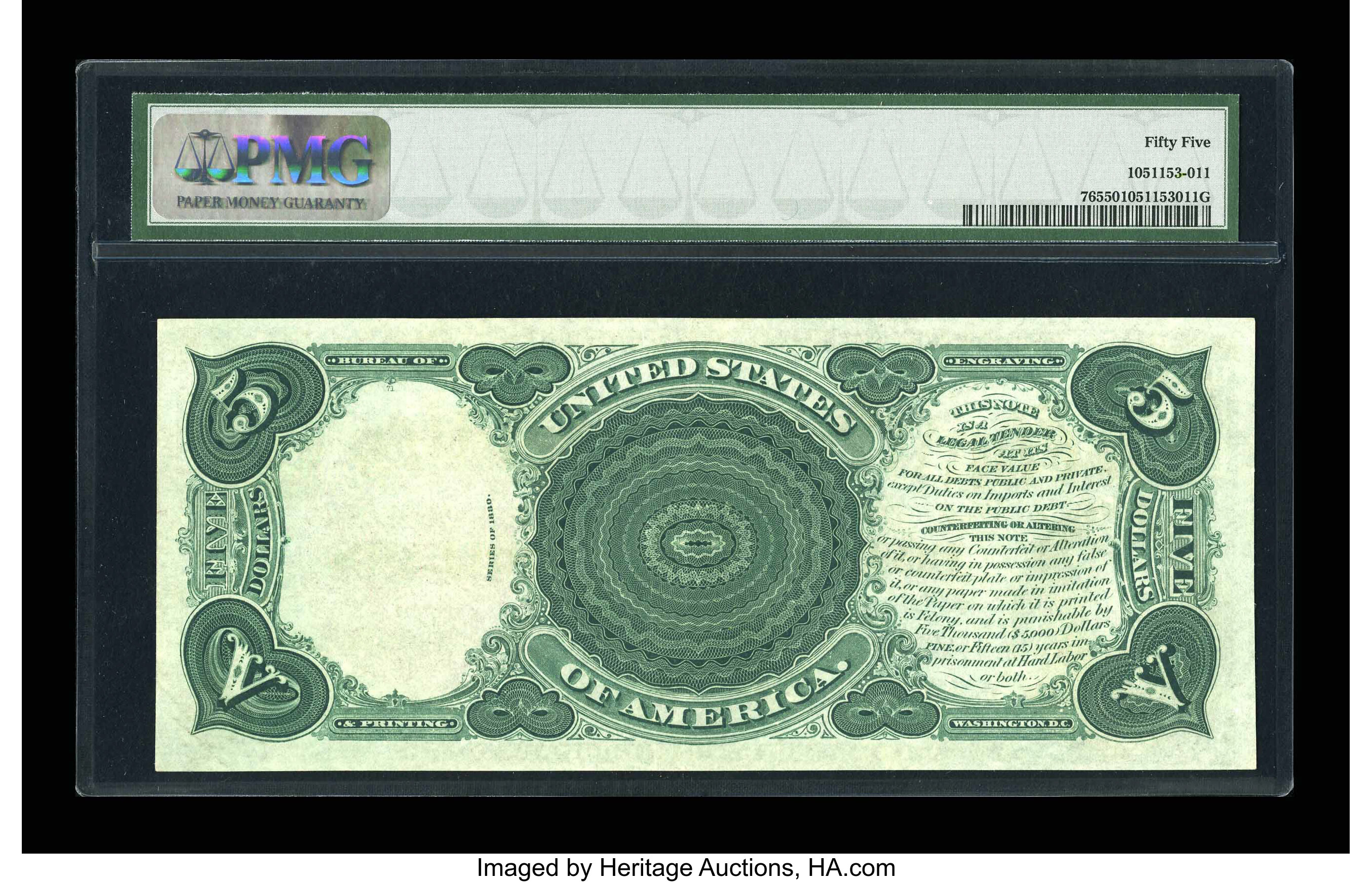 image for: Fr. 76 $5 1880 Legal Tender PMG About Uncirculated 55....