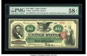 image for: Fr. 95b $10 1863 Legal Tender PMG Choice About Unc 58 EPQ....