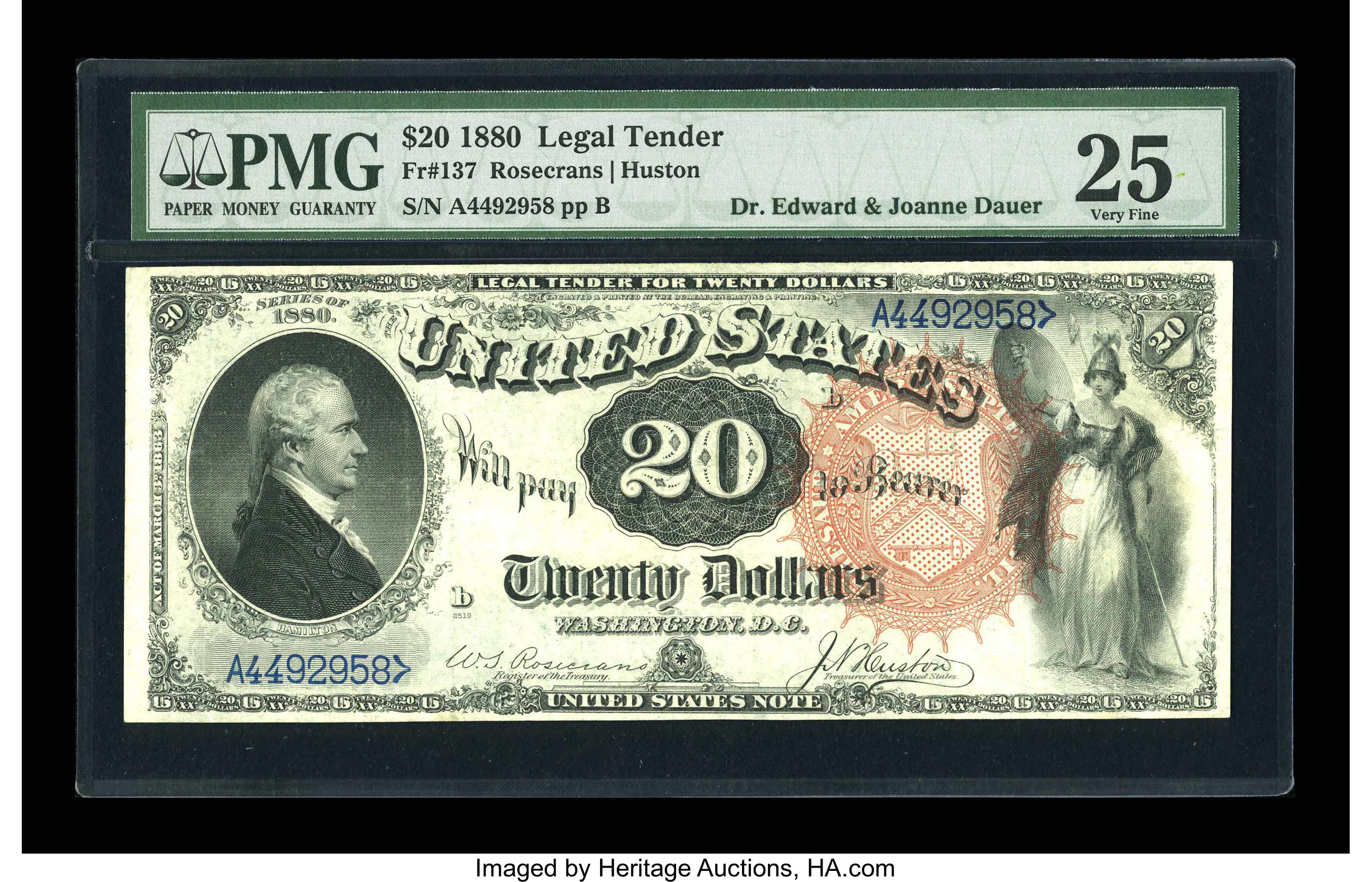 image for: Fr. 137 $20 1880 Legal Tender PMG Very Fine 25....