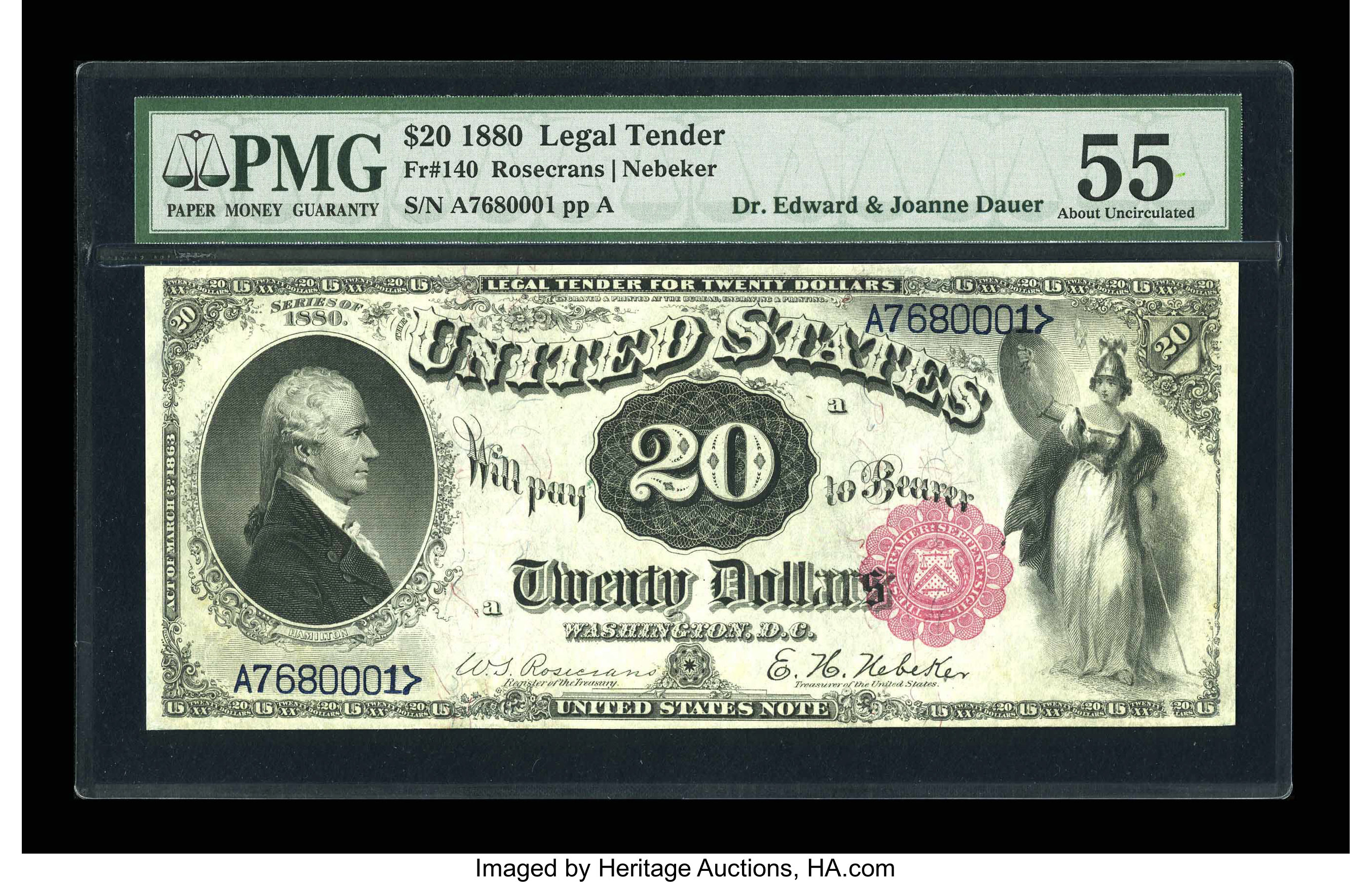 image for: Fr. 140 $20 1880 Legal Tender PMG About Uncirculated 55....
