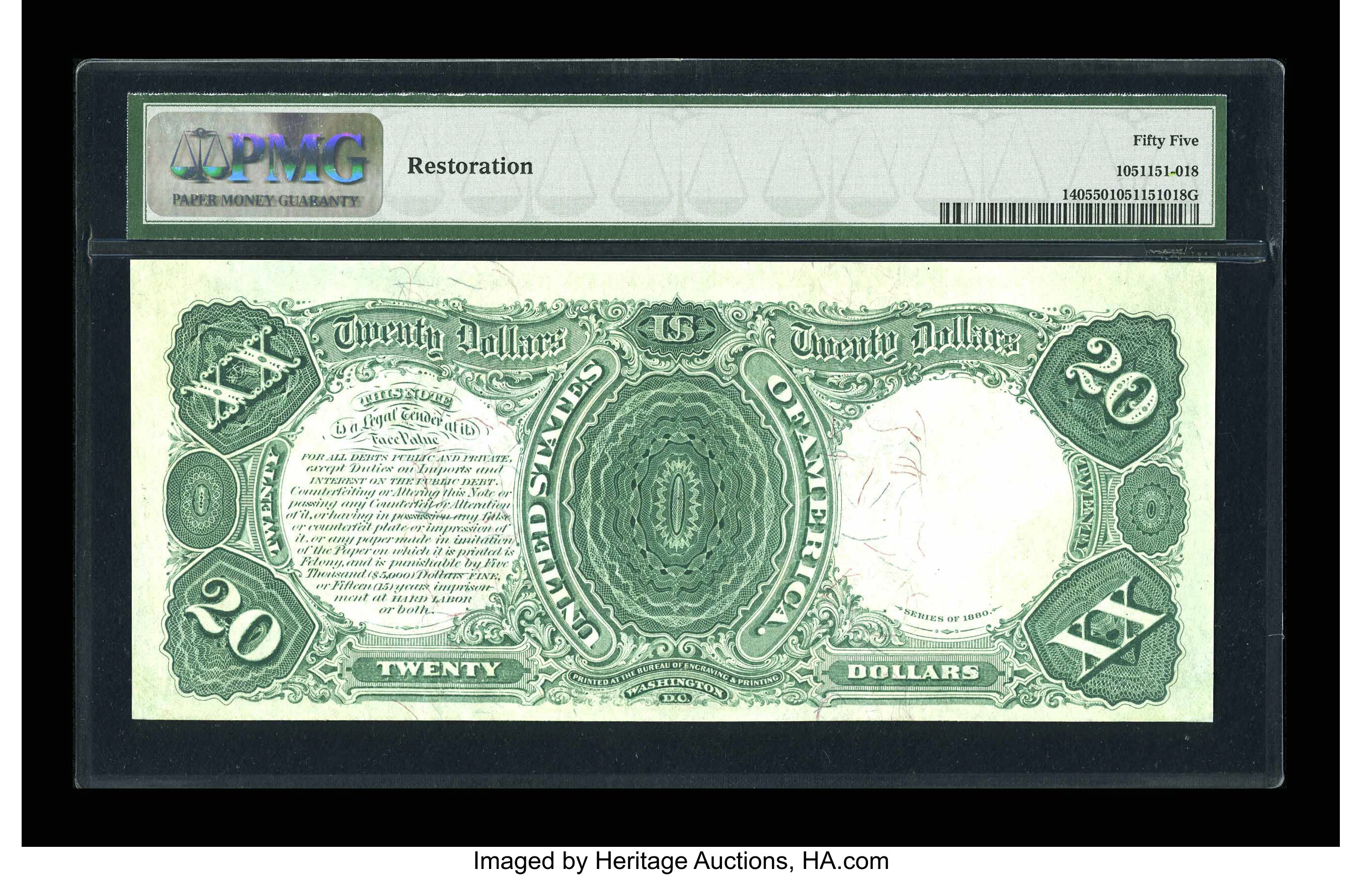 image for: Fr. 140 $20 1880 Legal Tender PMG About Uncirculated 55....