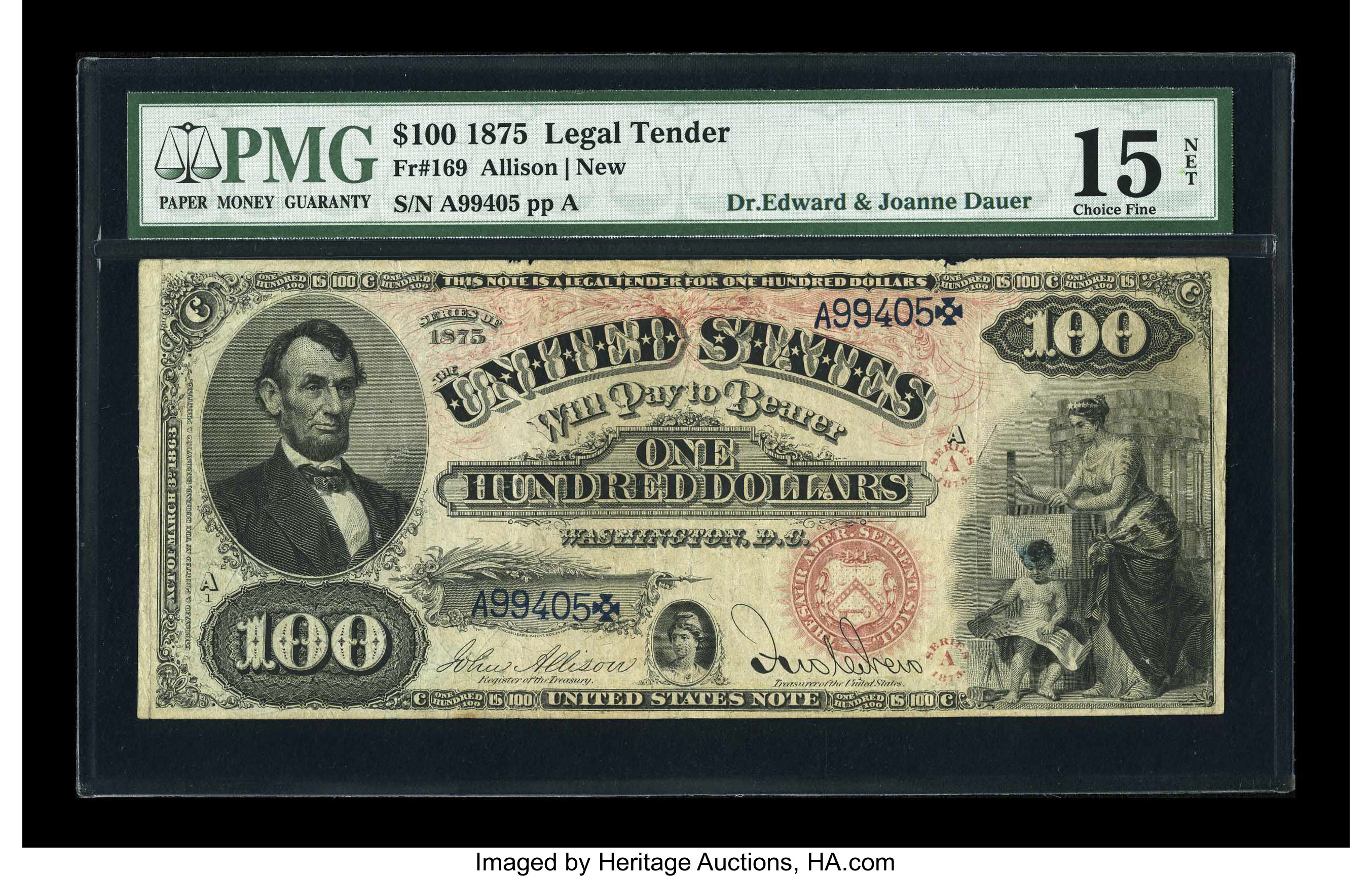 image for: Fr. 169 $100 1875 Legal Tender PMG Choice Fine 15....