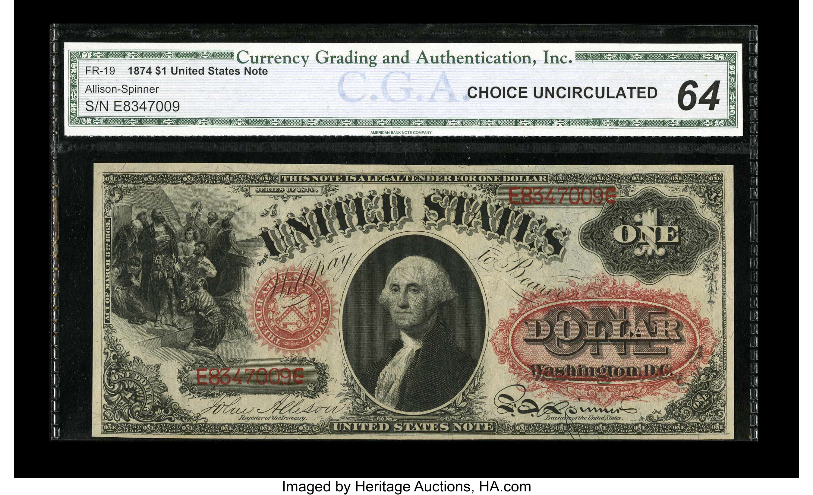 image for: Fr. 19 $1 1874 Legal Tender CGA Choice Uncirculated 64....