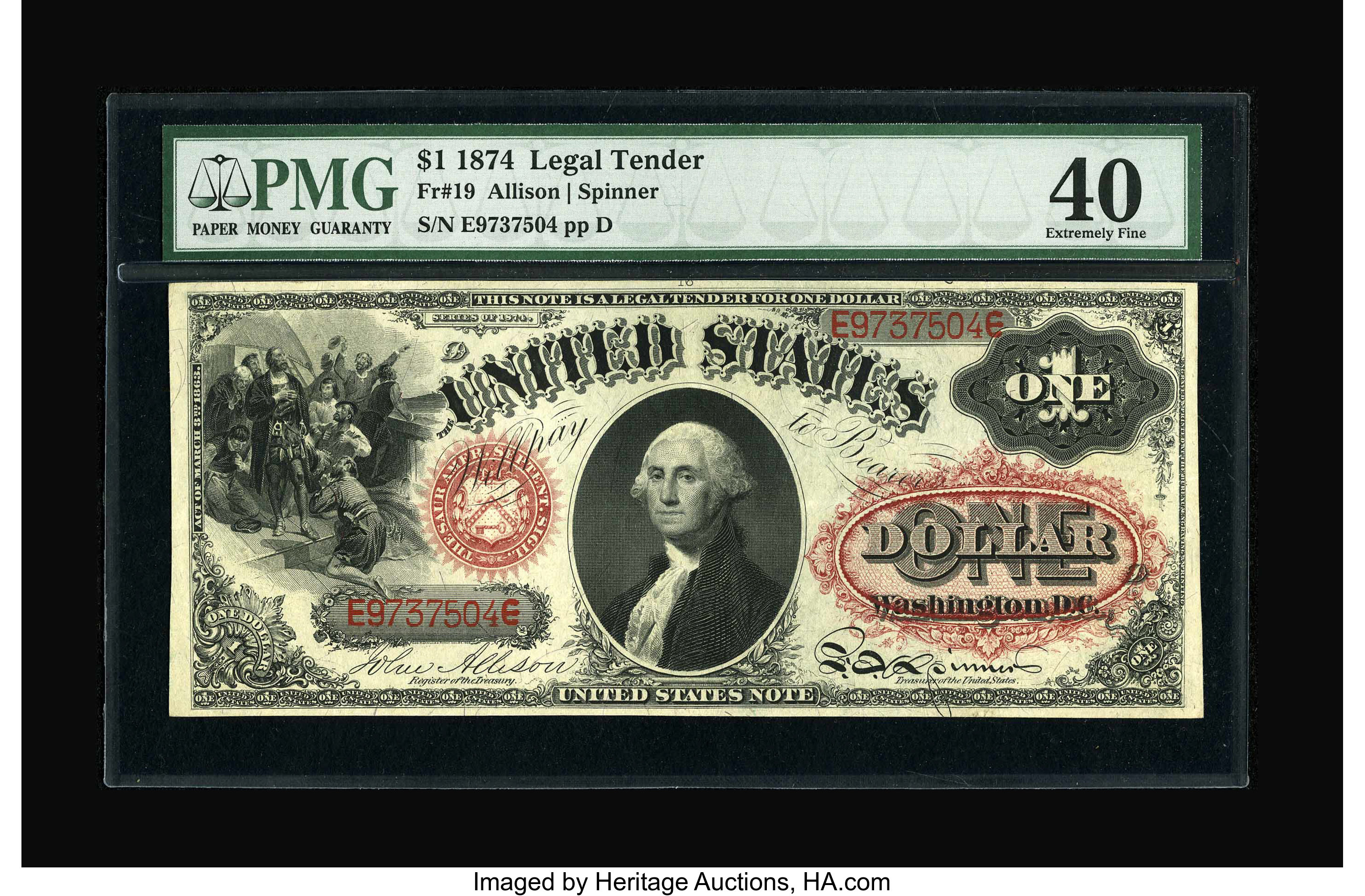 image for: Fr. 19 $1 1874 Legal Tender PMG Extremely Fine 40....
