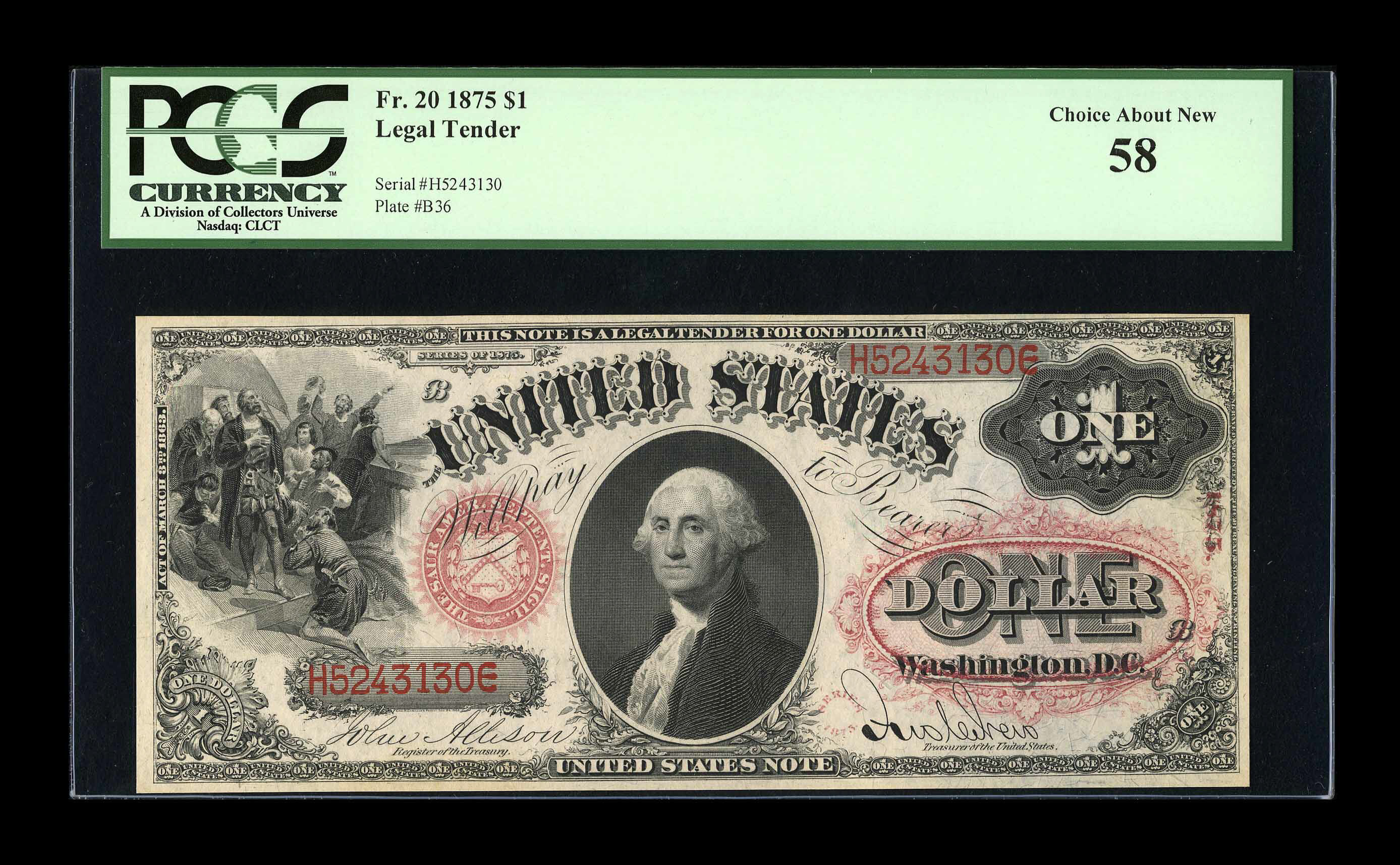 image for: Fr. 20 $1 1875 Legal Tender PCGS Choice About New 58.