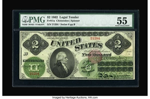 image for: Fr. 41a $2 1862 Legal Tender PMG About Uncirculated 55.