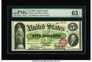 image for: Fr. 63a $5 1863 Legal Tender PMG Choice Uncirculated 63 EPQ.