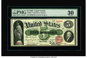 image for: Fr. 63b $5 1863 Legal Tender PMG Very Fine 30.